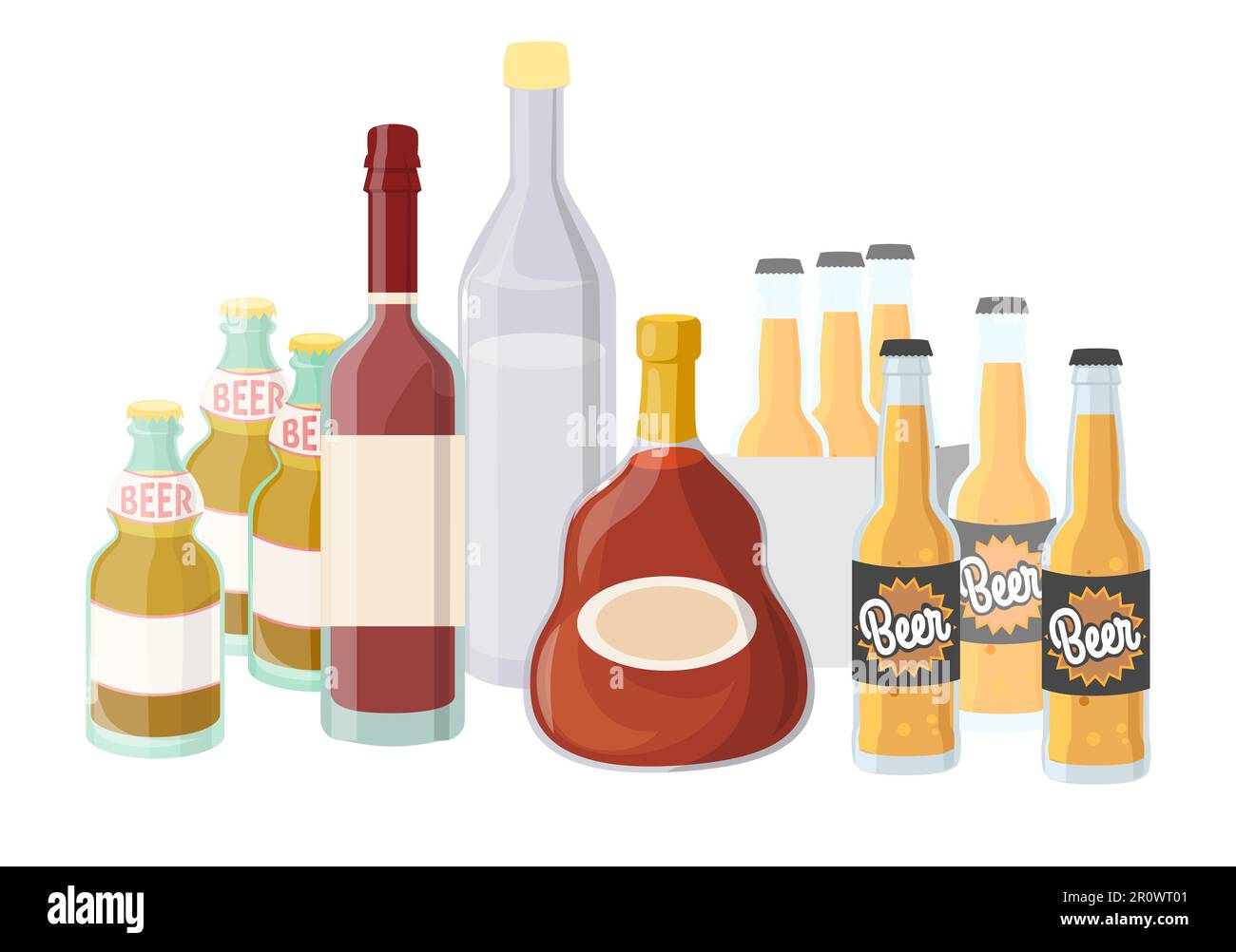 Alcohol set isolated bottled beer, vodka, cognac, wine Stock Vector