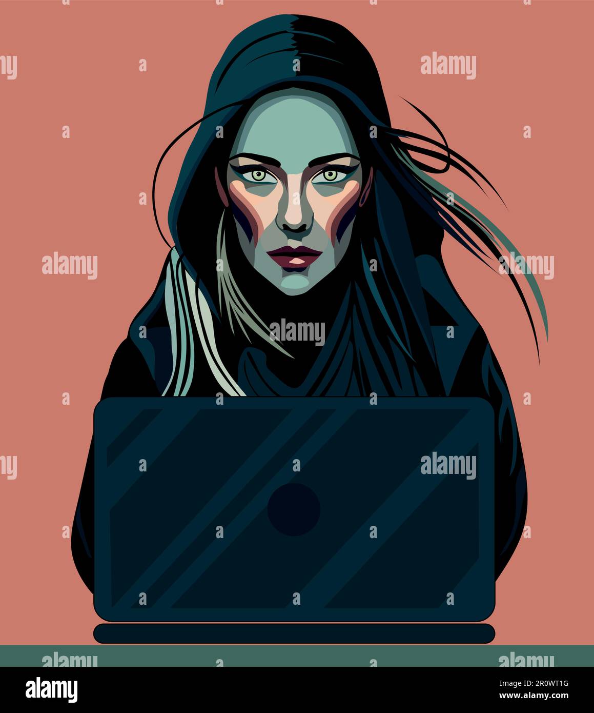 Hacker with computer. Hooded girl with laptop. Hacking connection. Steal information and spread it online Stock Vector