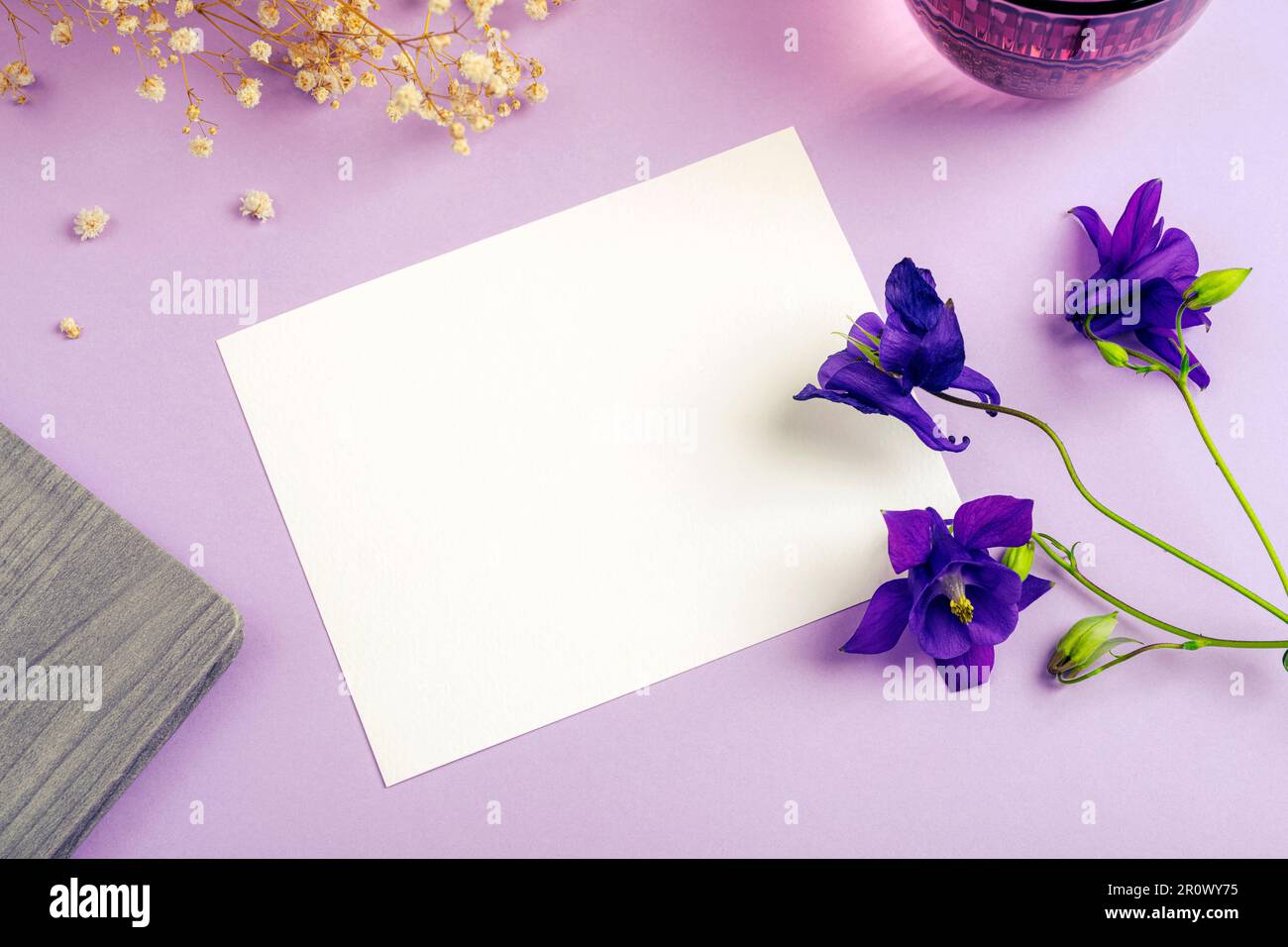 Blank card, notepad, glass of water and blue Aquilegia Alpina flowers on purple table. Top view, flat lay, mockup. Stock Photo
