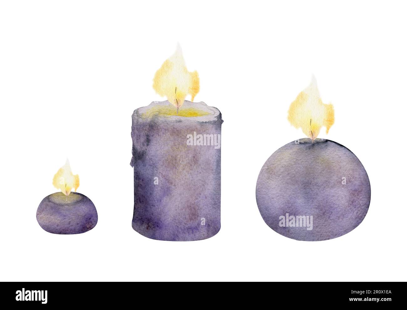 Hand drawn watercolor assorted candles lit with flames. Votives, balls