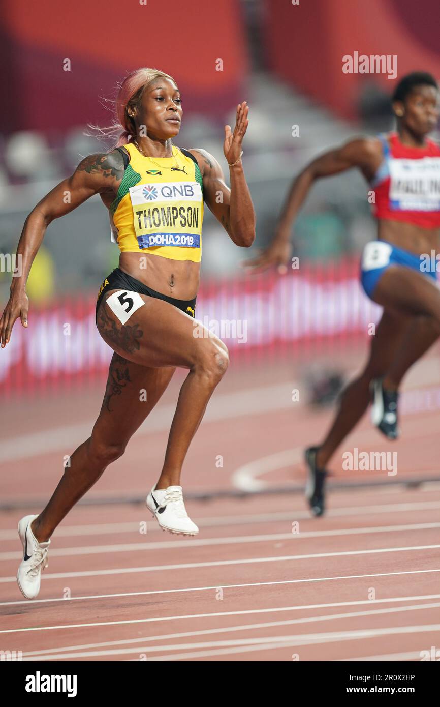 Elaine Thompson running the 200m at the 2019 World Athletics ...