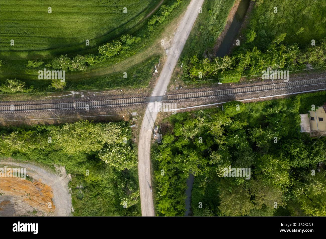 Flying over railway tracks, top view. Railway track tracks line