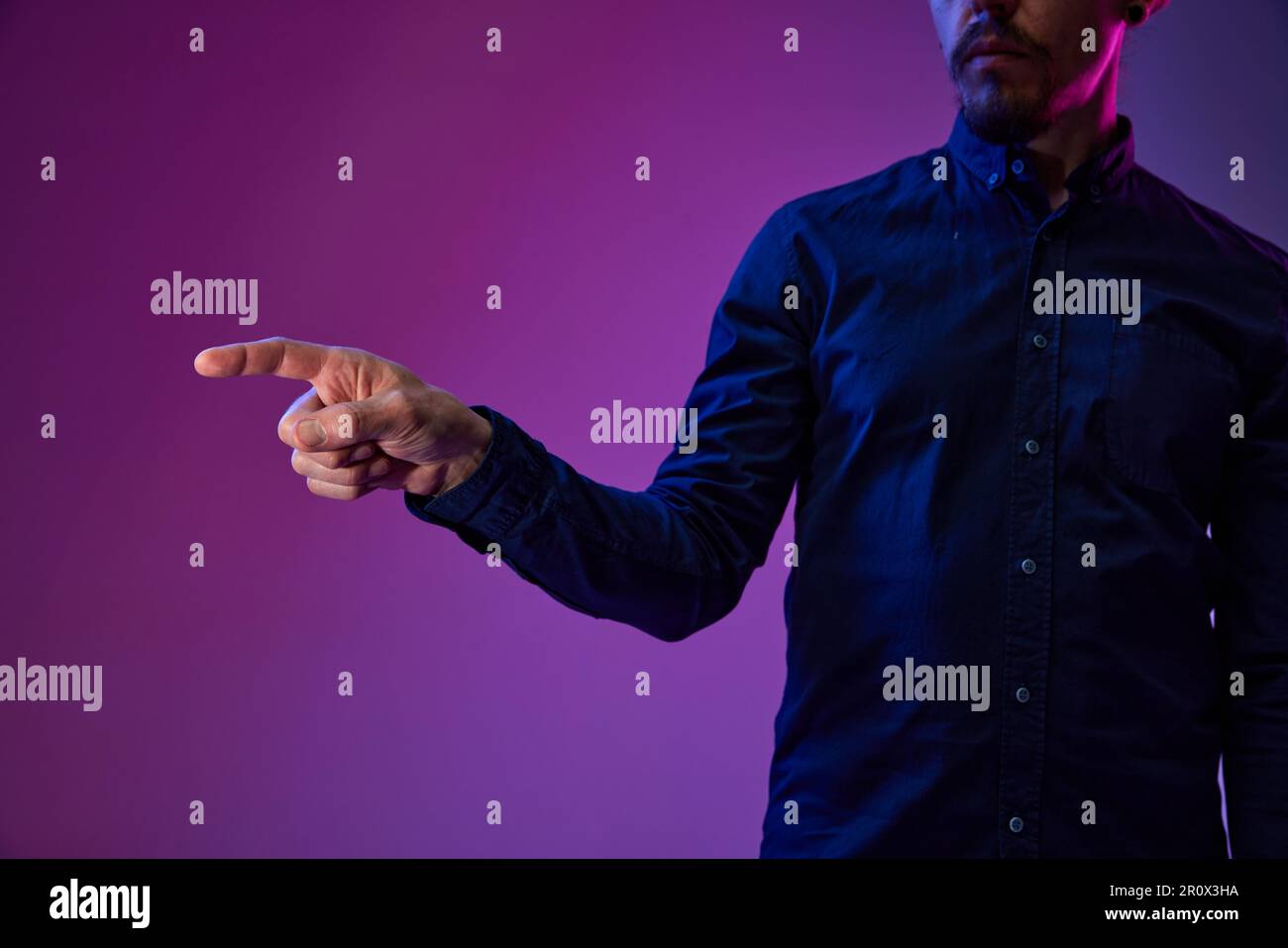Businessman touching virtual computer screen, working with innovative digital system. Cyberspace, innovations data science Stock Photo