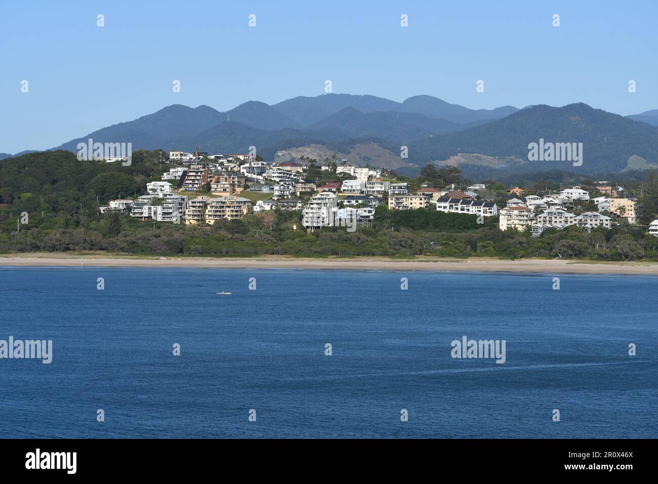 Coffs harbour aerial view of city, luxury hotel, resorts, beach, blue sea and hills in backdrop- A perfect holiday destination in NSW, Australia Stock Photo