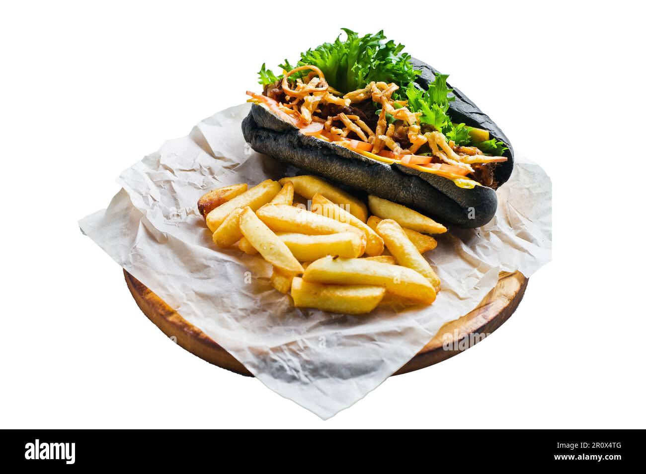 Black hot dog with beef kebab and caramelized onions. Isolated on white background Stock Photo