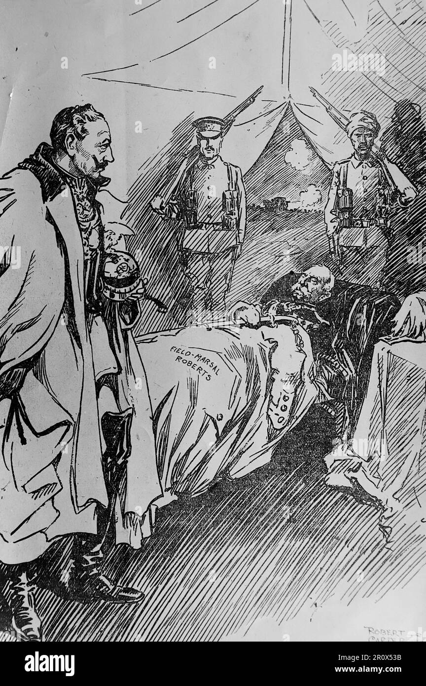 A Central News cartoon which originally appeared in the New York Evening Sun. American cartoonist Robert Carter shows Field Marshall Roberts (Frederic Sleigh Roberts) on his death bed overlooked by others including Kaiser Wilhem II of Germany. 14th November 1914. Some very light surface creasing on the original. Stock Photo