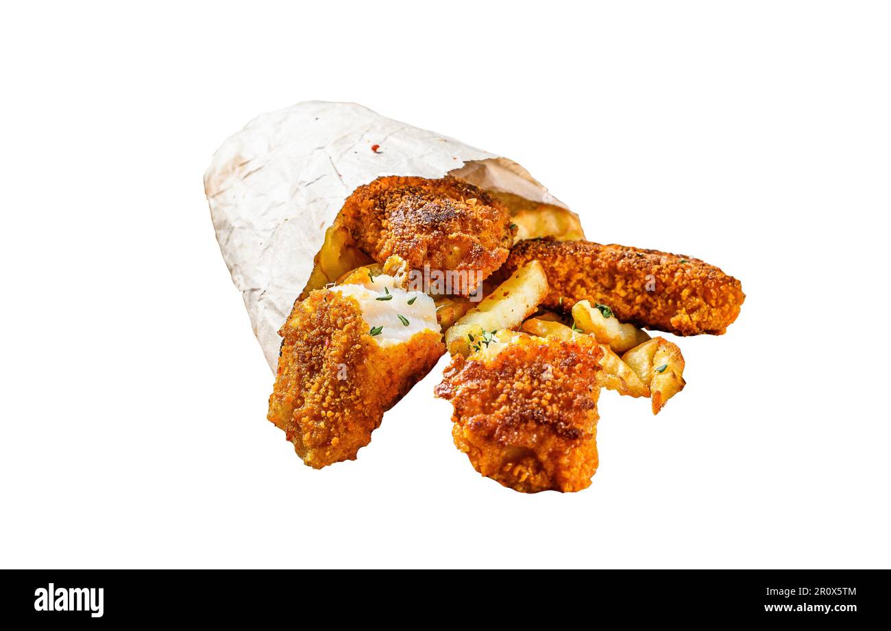 Fish and chips, French fries and cod fillet fried in breadcrumbs