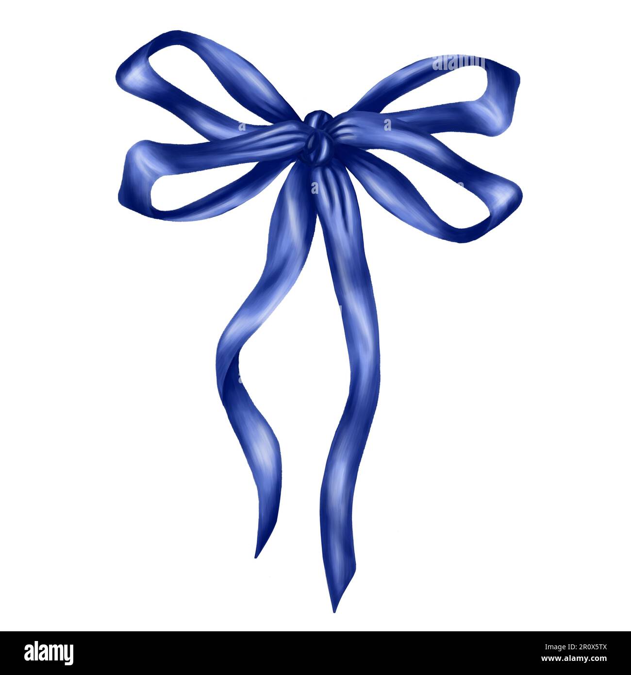 Blue satin bow made of thin smooth ribbon. Digital illustration on