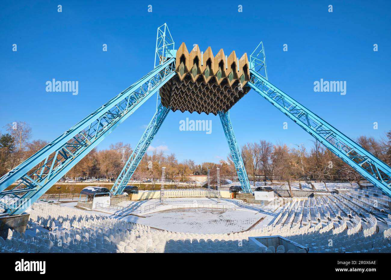 View of the modern, Brutalist style, Soviet-Era open air band shell ...