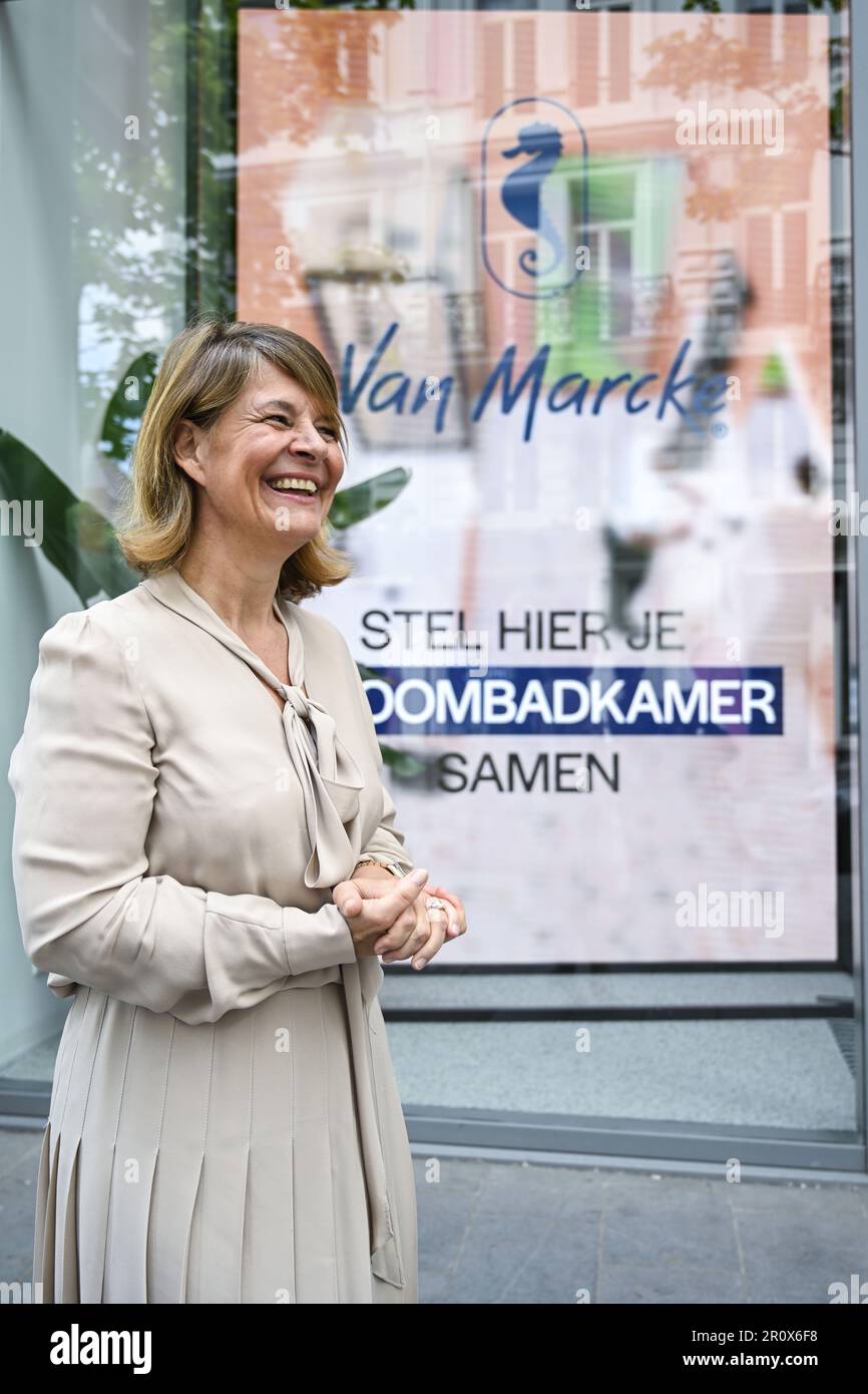 Antwerp, Belgium. 10th May, 2023. FOCUS COVERAGE REQUESTED TO BELGA Van  Marcke CEO Caroline Van Marcke poses for the photographer during a Press  moment by sanitary and heating specialist Van Marcke about