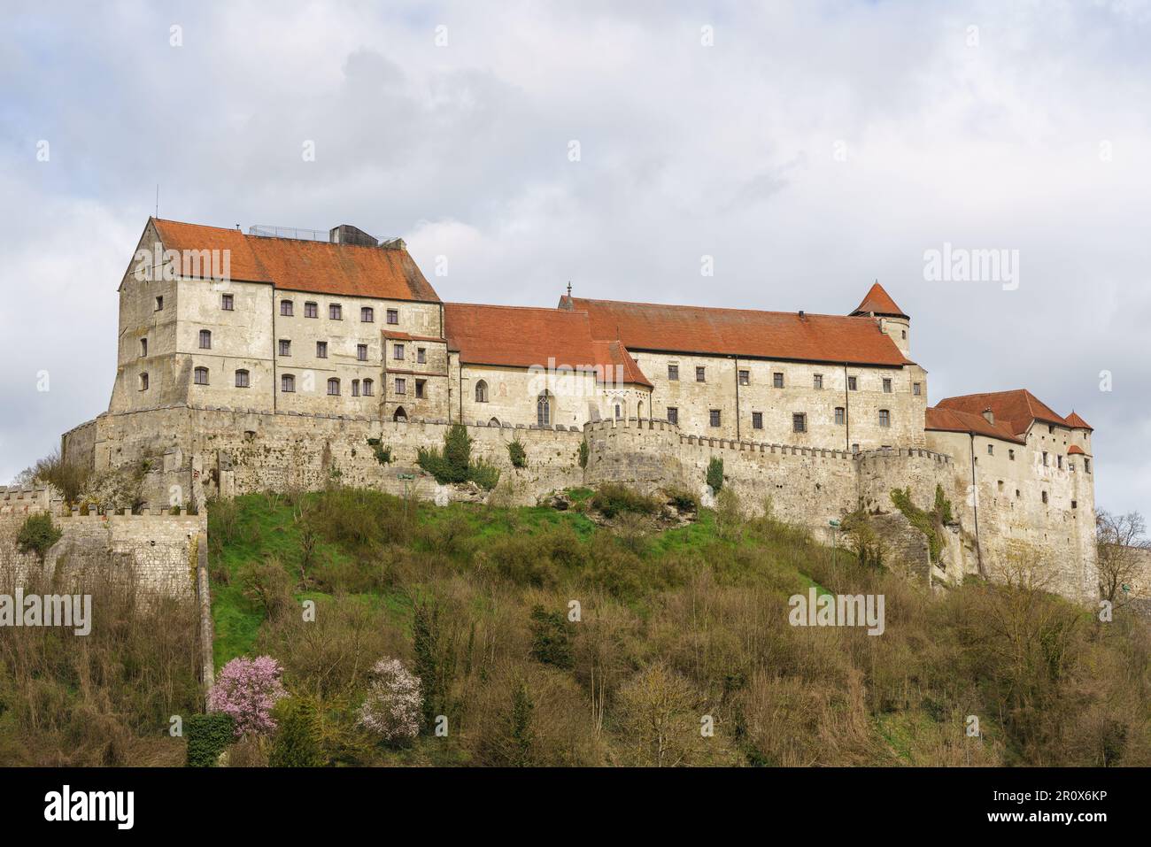 Burghausen in the Altötting district of Upper Bavaria in Germany. Panorama of Burghausen Castle. Medieval gothic castle above town. Stock Photo
