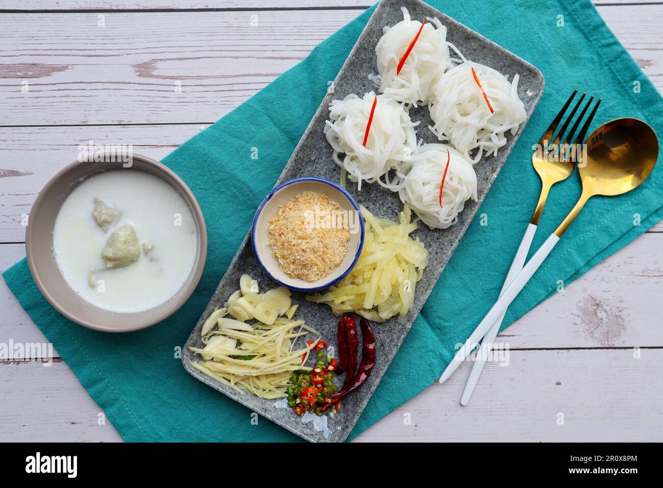 Kanom Jeen Sao Nam Thai northern dish of rice noodles mixed with