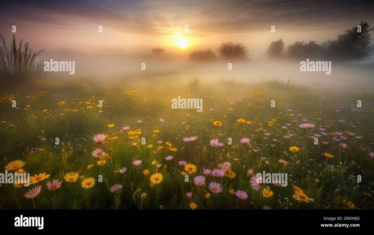 sunrise in the field. landscape with Magic pink Cosmos flowers in blooming with sunset background. fossilized field of colorful flowers, sunrise, mist Stock Photo