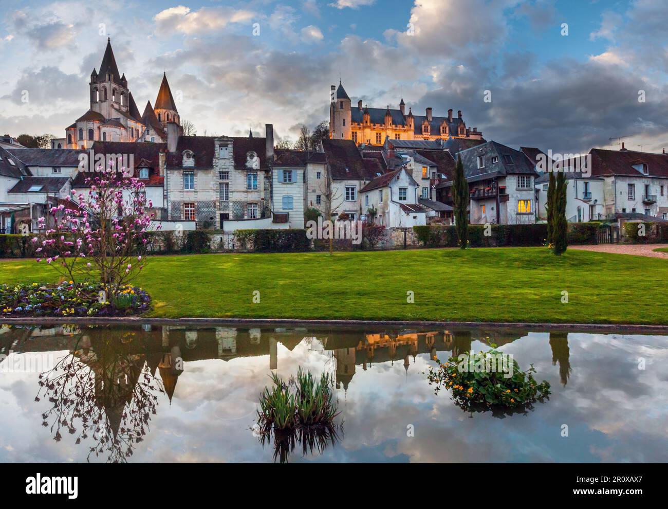 Royal City of Loches (France) spring night view. Was constructed in the 9th century. Stock Photo