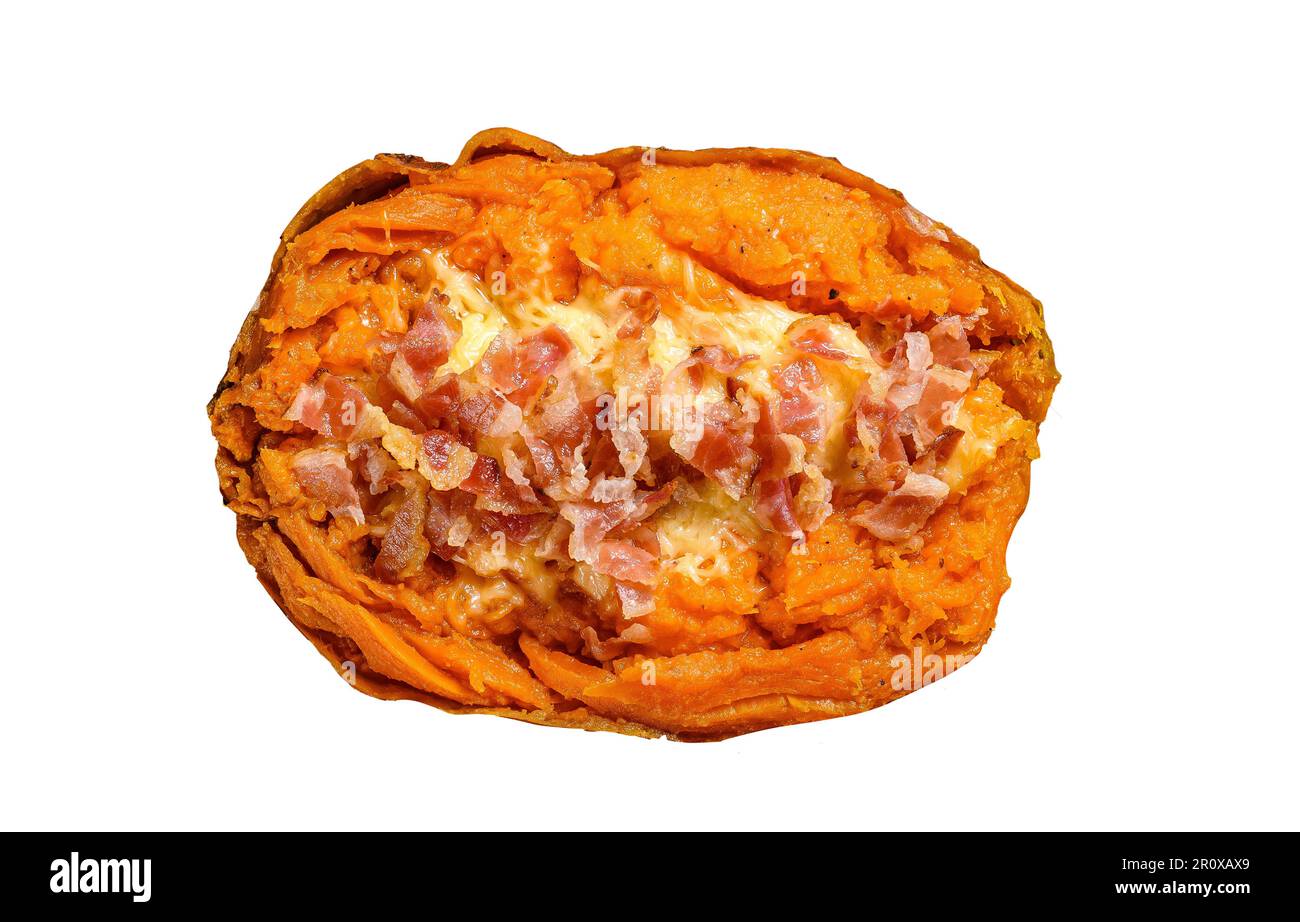 Baked sweet potato yam stuffed with ground beef and cheese. Isolated on