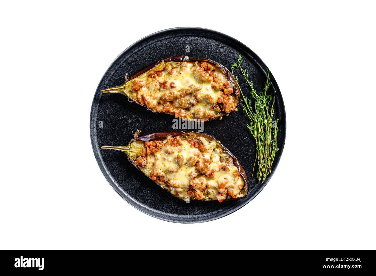 Baked eggplant with ground beef and cheese. Isolated on white