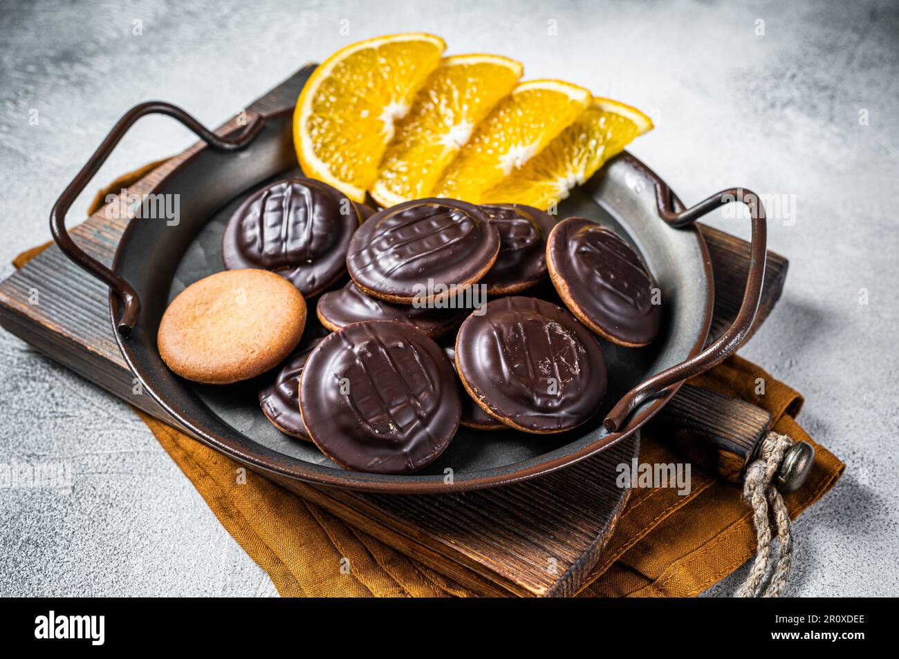 Orange Flavored Round Jaffa Cakes with Chocolate. White background. Top
