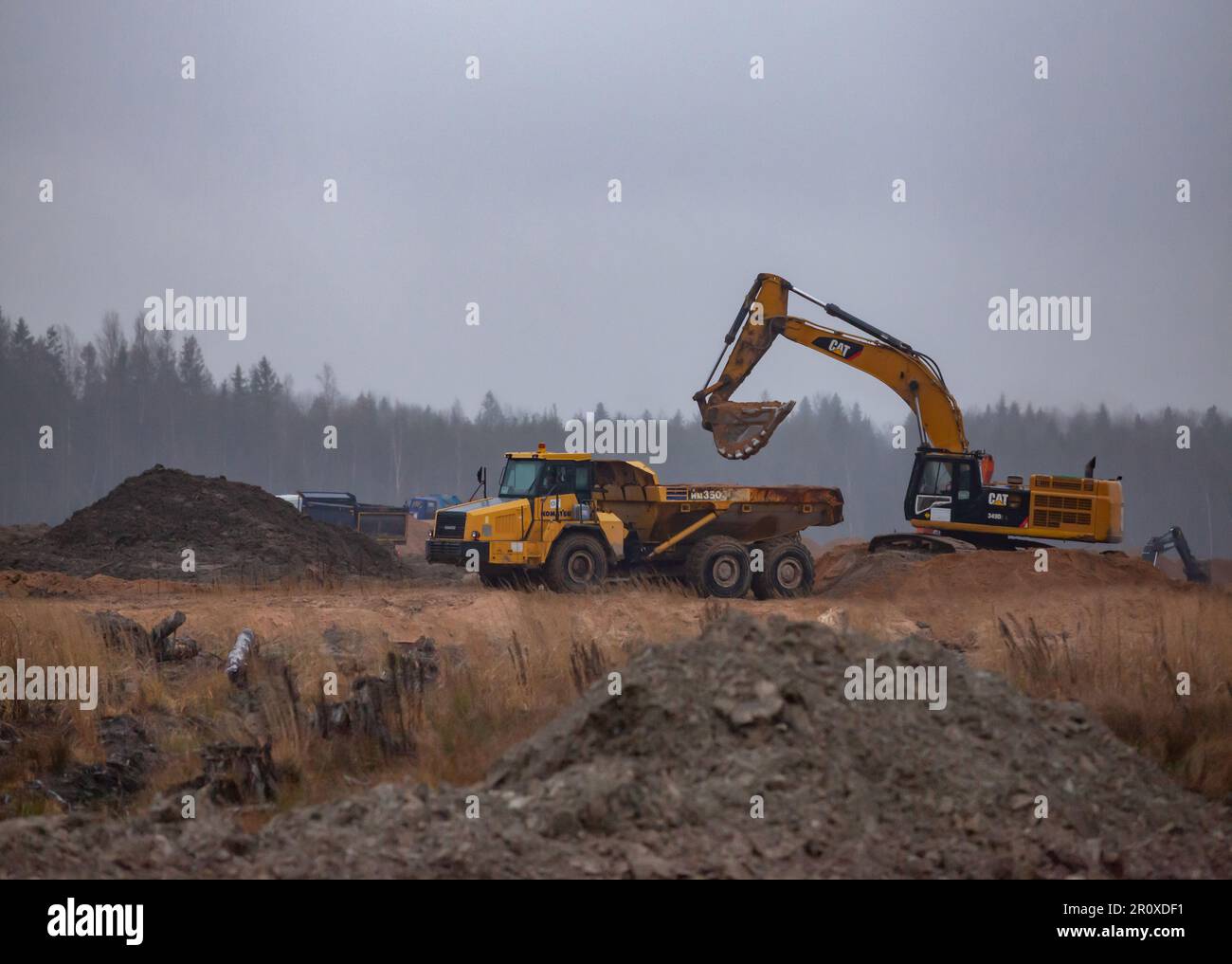 UstLuga, Leningrad oblast, Russia November 16, 2021 Excavator