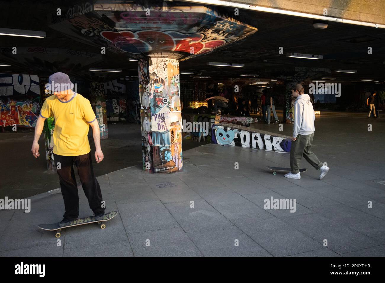 Southbank Skate Space, The undercroft of the Southbank Centre widely recognised as the birthplace of British skateboarding, London, England, UK Stock Photo
