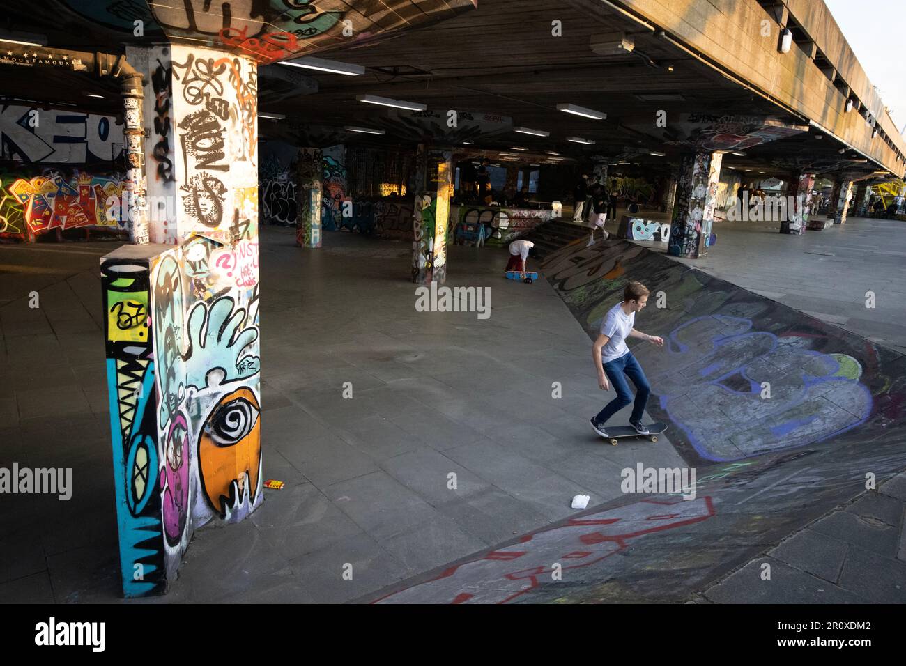 Southbank Skate Space, The undercroft of the Southbank Centre widely recognised as the birthplace of British skateboarding, London, England, UK Stock Photo