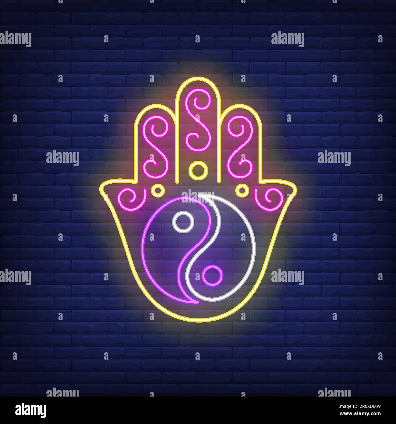 Yin yang on hamsa hand neon sign Stock Vector