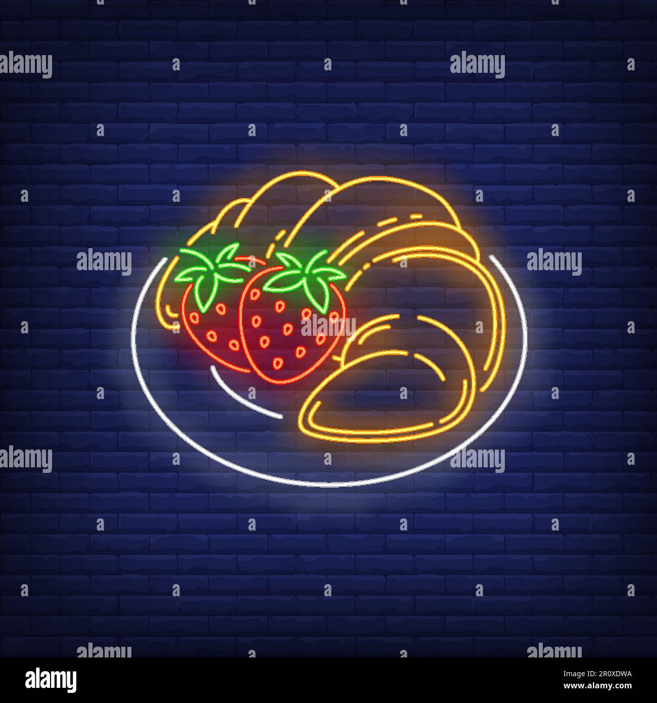 Pancakes with strawberries neon sign Stock Vector