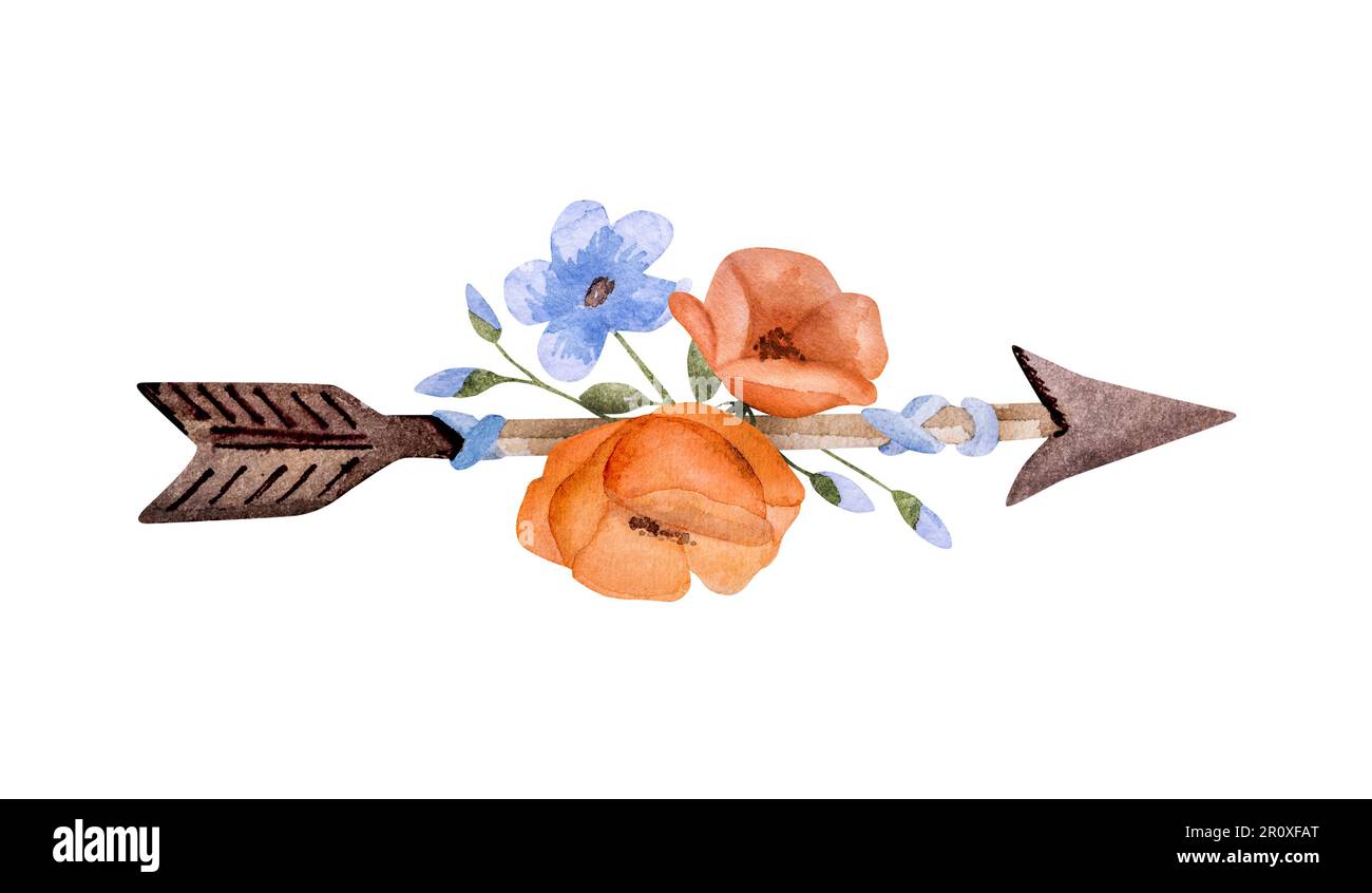 Floral arrow watercolor painting in boho style. Tribal bohemian symbol with flowers aquarelle