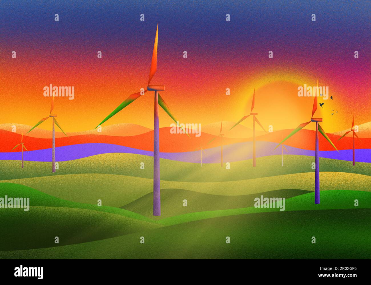 Wind farms on a green field at sunset Stock Photo - Alamy