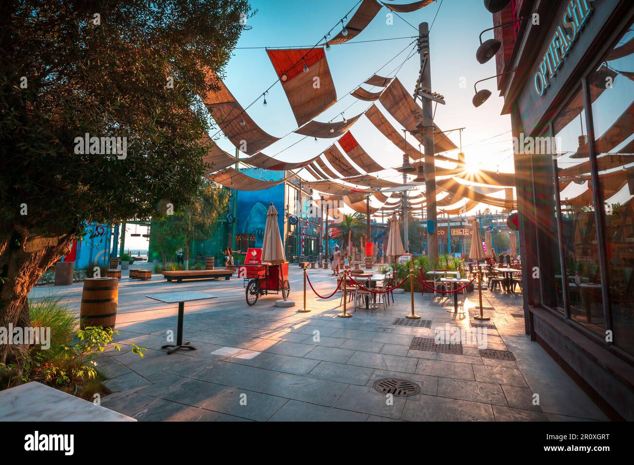 Dubai, United Arab Emirates - May 11, 2021: La Mer beach walking area with many restaurants in coffee bars a famous travel and leisure spot in downtow Stock Photo