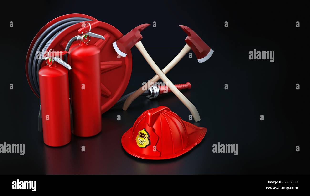 Fireman hat, hose, extinguishers isolated on black background 3D illustration Stock Photo