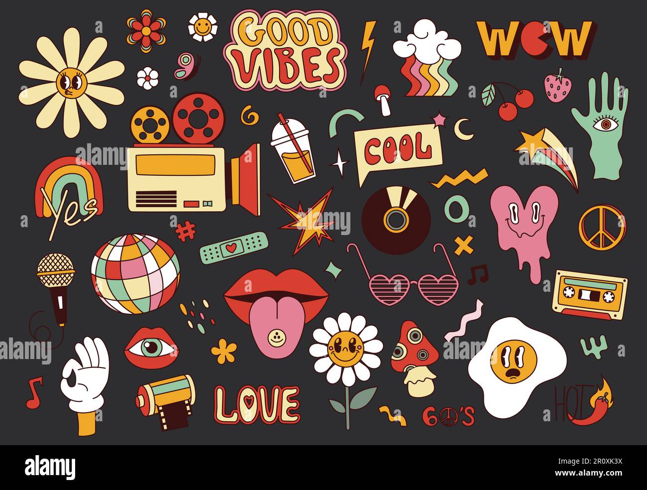 Set of vintage retro 70s and 60s hippie stickers Stock Vector Image ...