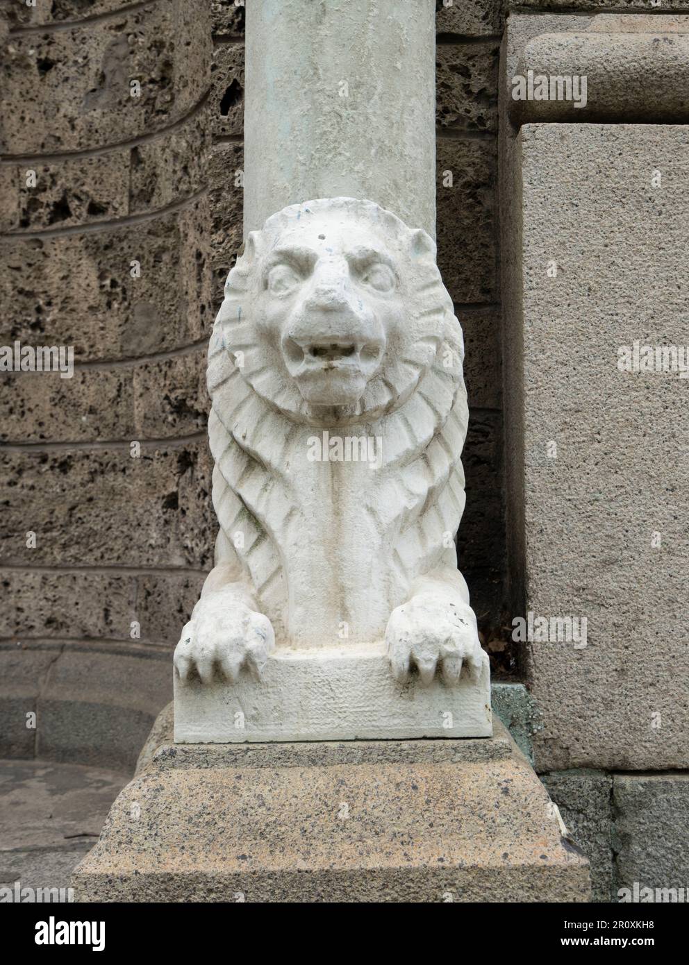 Sofia, Bulgaria. May 2023.  the statue of a lion outside the entrance to the Saint Domenica Orthodox Cathedral in the city centre Stock Photo