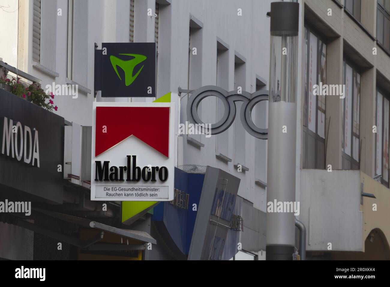 Picture of a sign with the logo of Marlboro on a local reseller in Dortmund, Germany. Marlboro is an American brand of cigarettes, currently owned and Stock Photo
