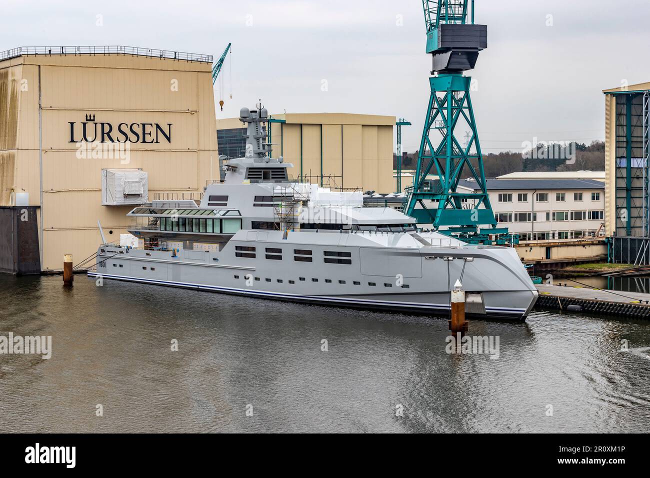 NORN Super yatch at Lürssen Kröger Werft GmbH & Co on the Kiel canal, Germany Stock Photo