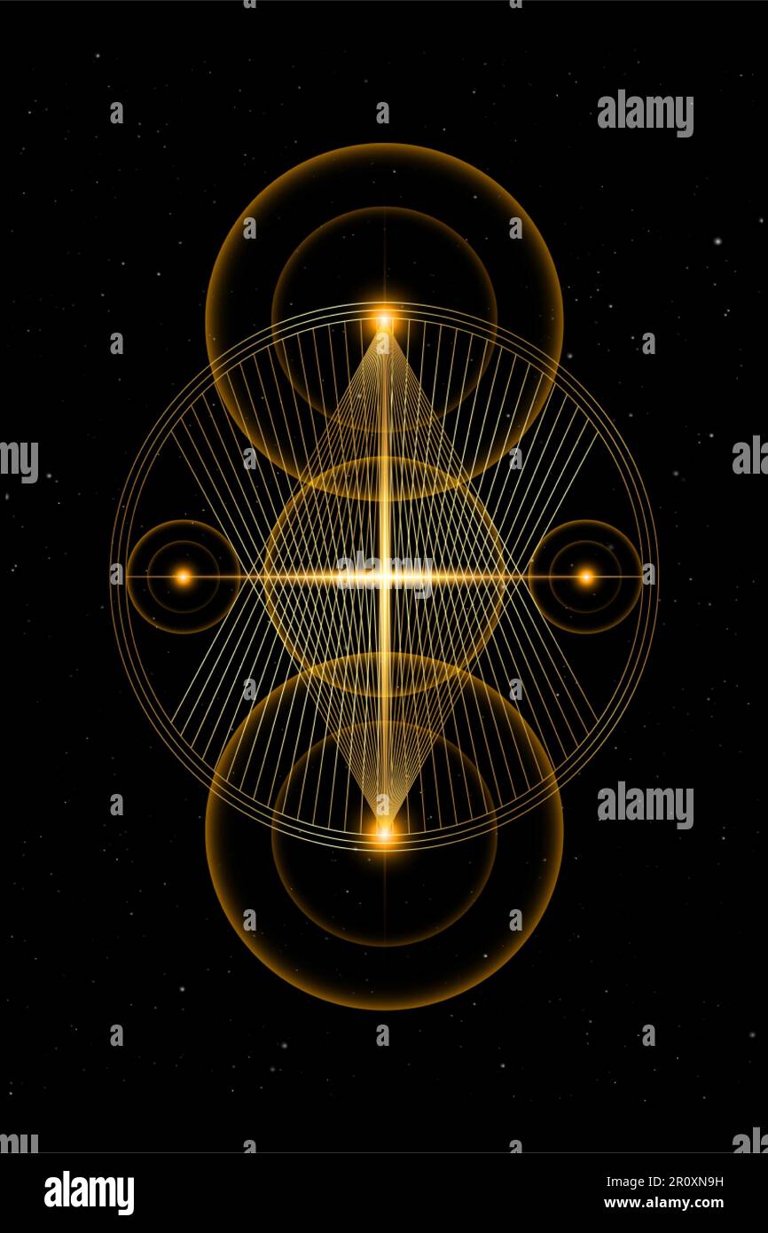 Planetary sacred geometry, gold lines overlap, triangles shape on circles. Orbits of energy circle. Alchemy, magic, esoteric, occultism symbols Stock Vector