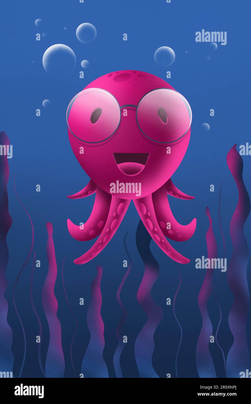 illustration of cartoon pink octopus underwater Stock Photo