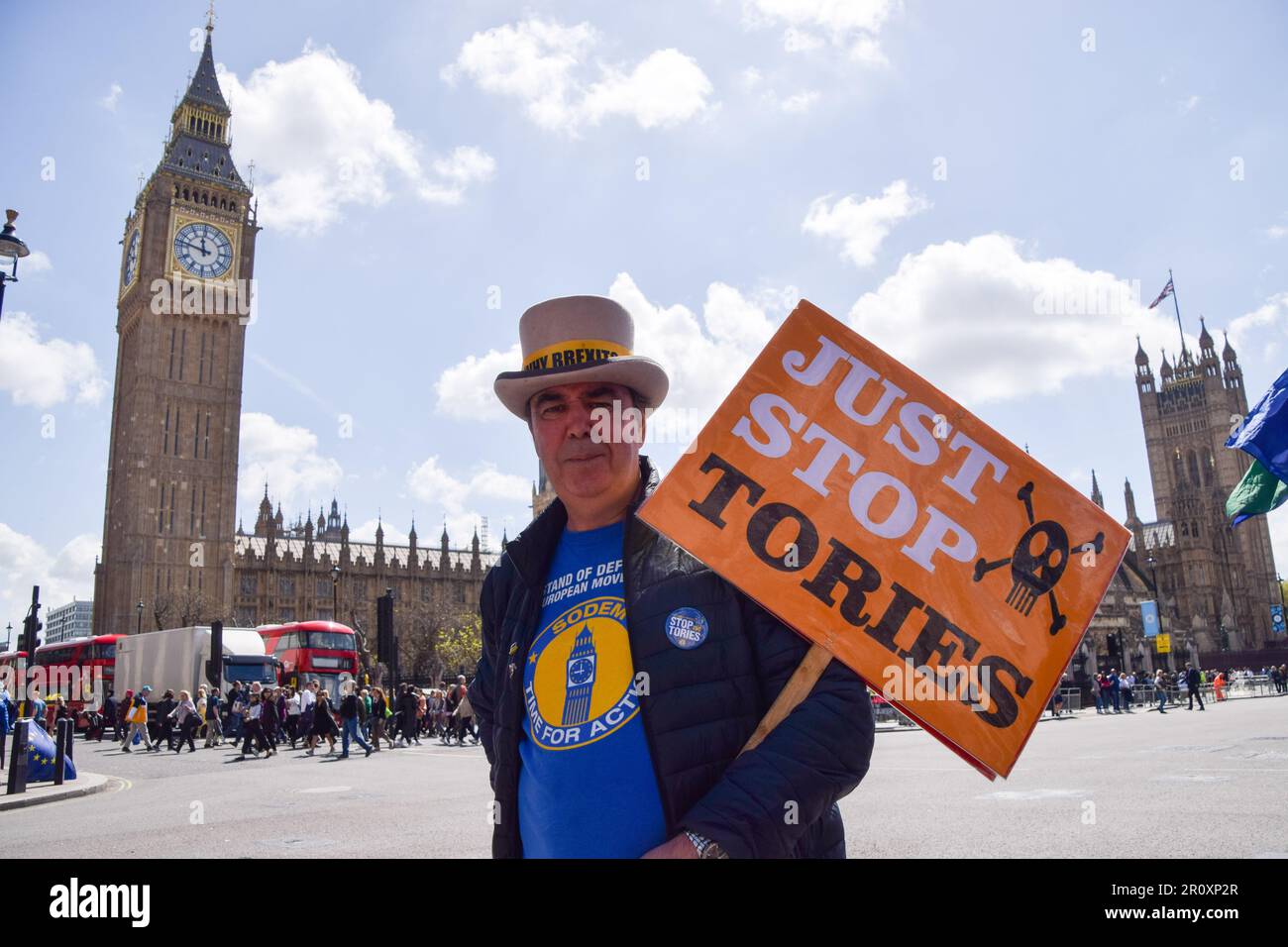 London, UK. 10th May 2023. Anti-Brexit activist Steve Bray holds a Just Stop Oil-style placard reading Just Stop Tories as anti-Tory protesters gather in Parliament Square. Credit: Vuk Valcic/Alamy Live News Stock Photo