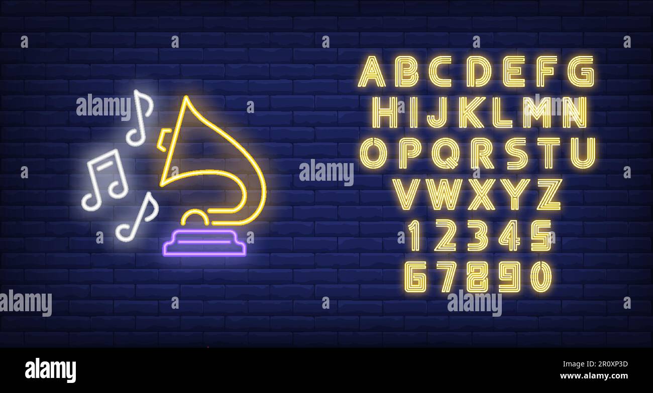Gramophone and music notes neon sign Stock Vector