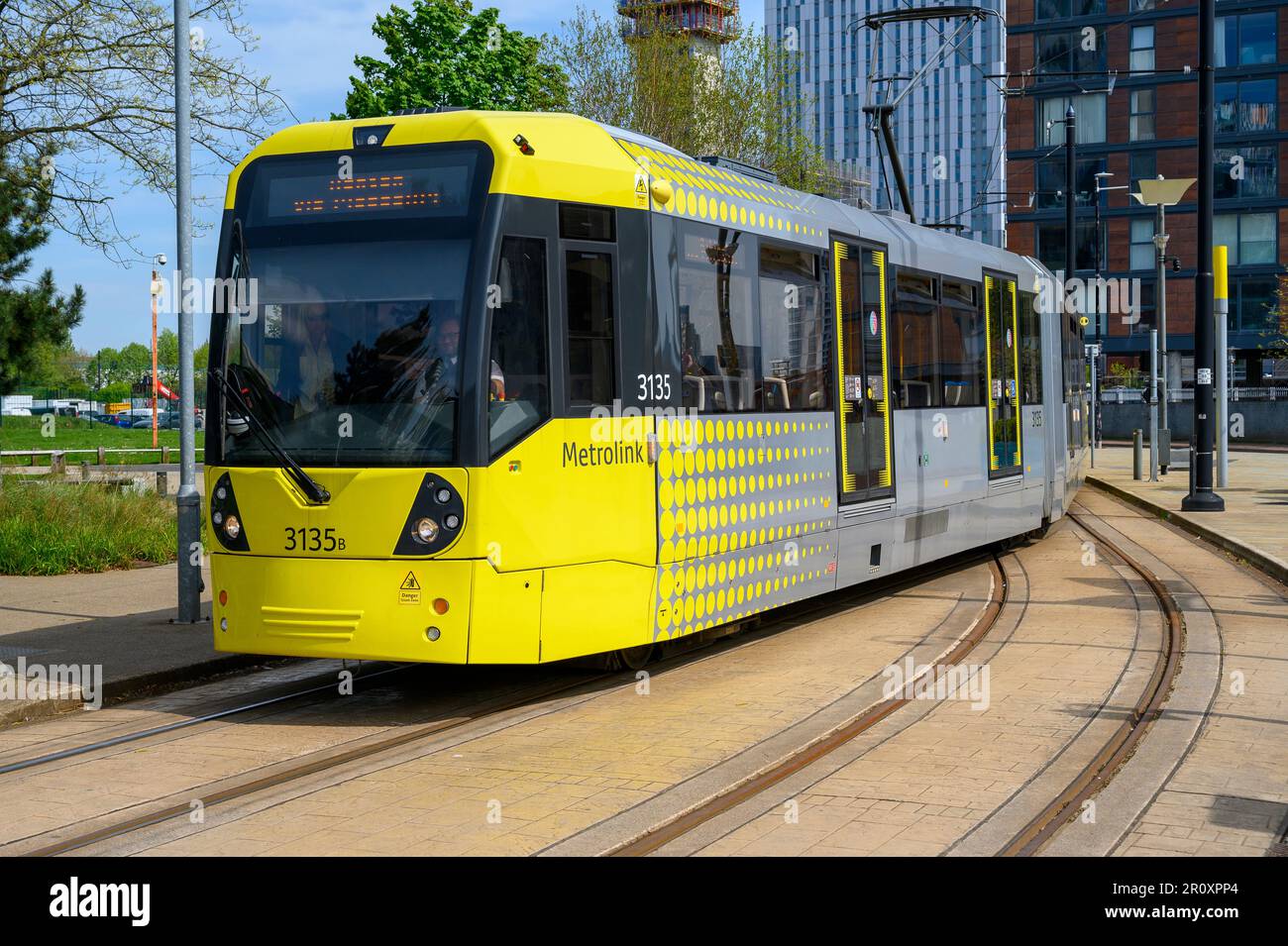 Manchester Metrolink tram travelling through Greater Manchester, England. Stock Photo