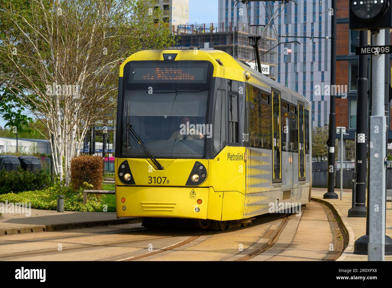 Manchester Metrolink tram travelling through Greater Manchester, England. Stock Photo