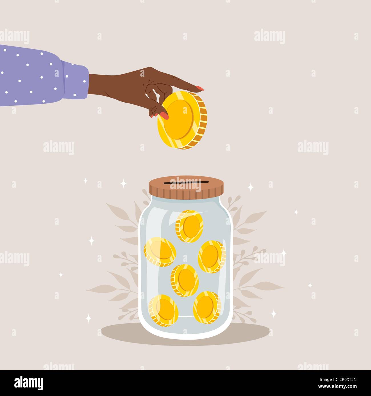 Donation glass jar with gold coins. African female hands throw money in