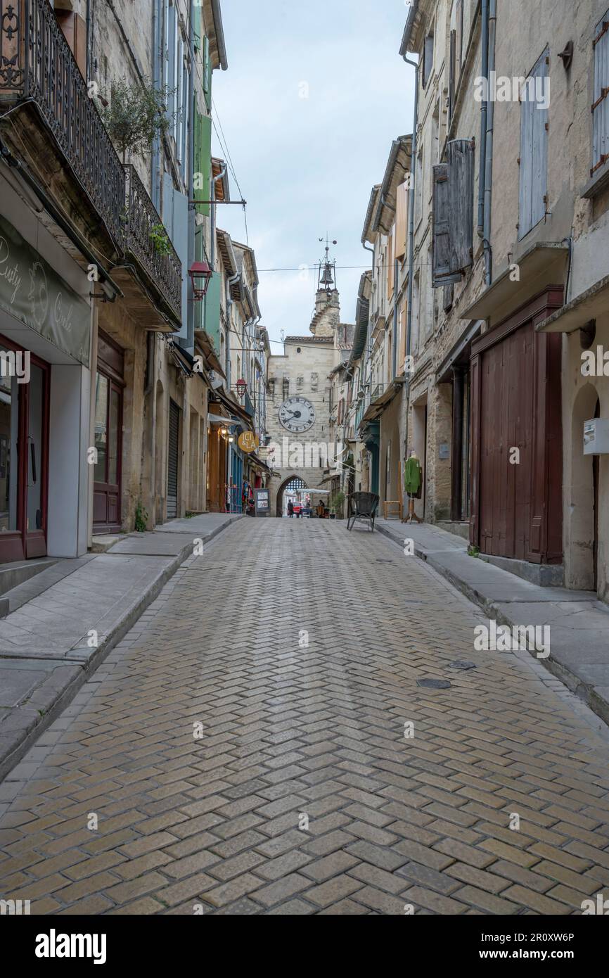 Sommieres, France - 04 21 2023: View of a typical street in a village in Occitania Stock Photo