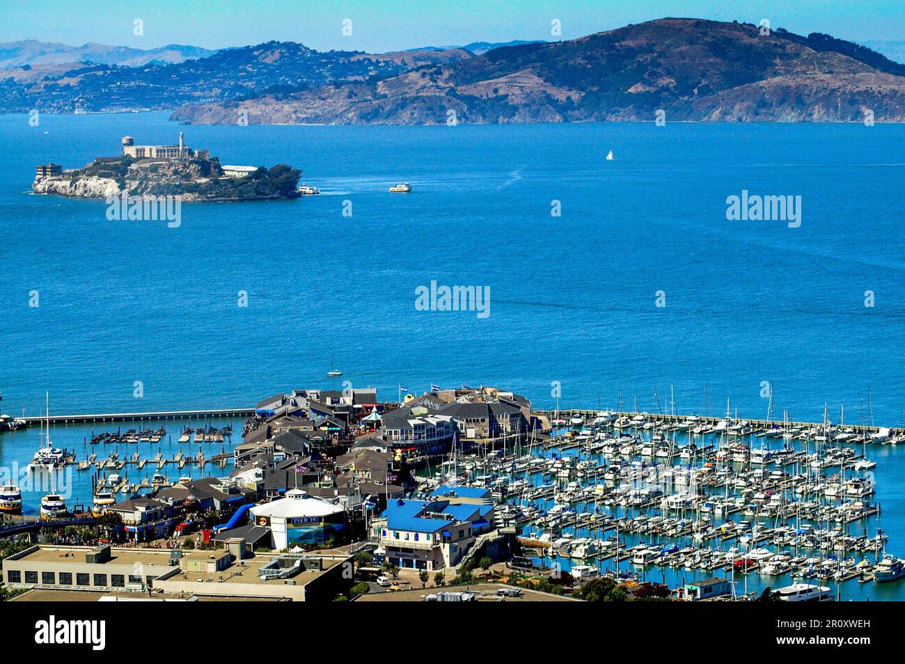 An aerial view of San Francisco Pier and Alcatraz Island. Stock Photo