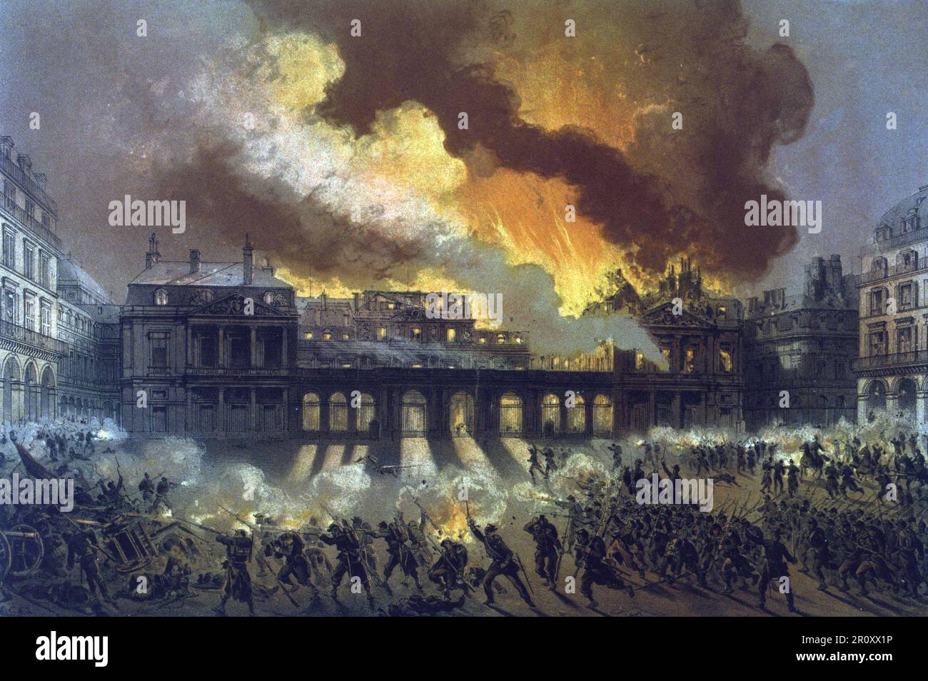 Commune de Paris, la Semaine sanglante. Les communards incendient le Palais Royal lors des combats contre les versaillais le 24/05/1871. Planche tiree de 'Paris et ses ruines', 1871. Stock Photo