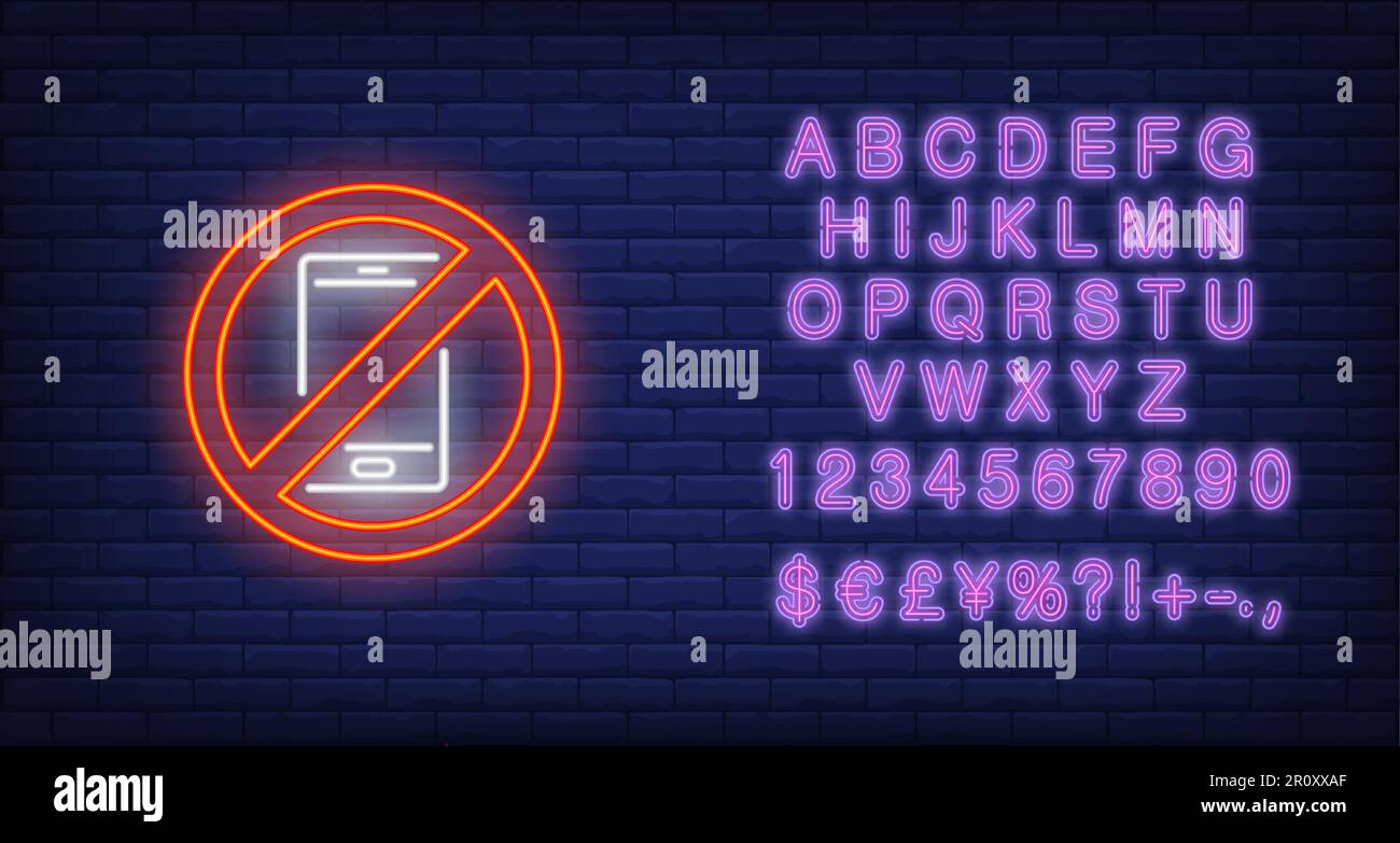 Mobile phone ban neon sign Stock Vector
