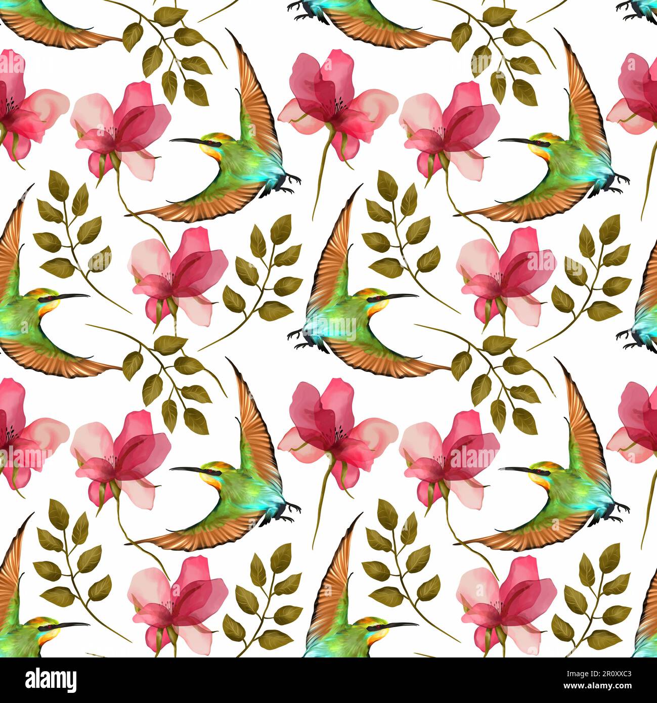 Seamless pattern with watercolor flowers, leaves and a bird isolated on ...