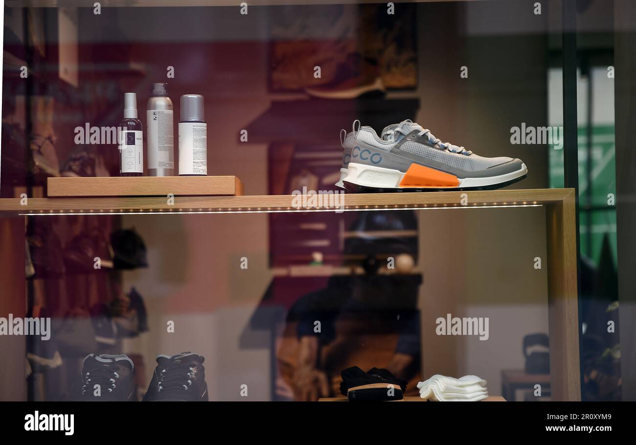 Copenhagen /Denmark/10 May 2023/ Window shopes at danish trade mark name Ecco products store on stroeget on street in danish capital. (Photo.Francis Joseph Dean/Dean Pictures Stock Photo - Alamy