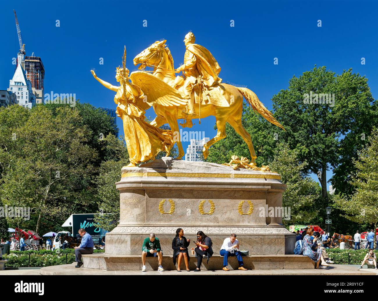William Tecumseh Sherman Monument, in its re-gilded glory, but crowned in pigeon spikes. Stock Photo