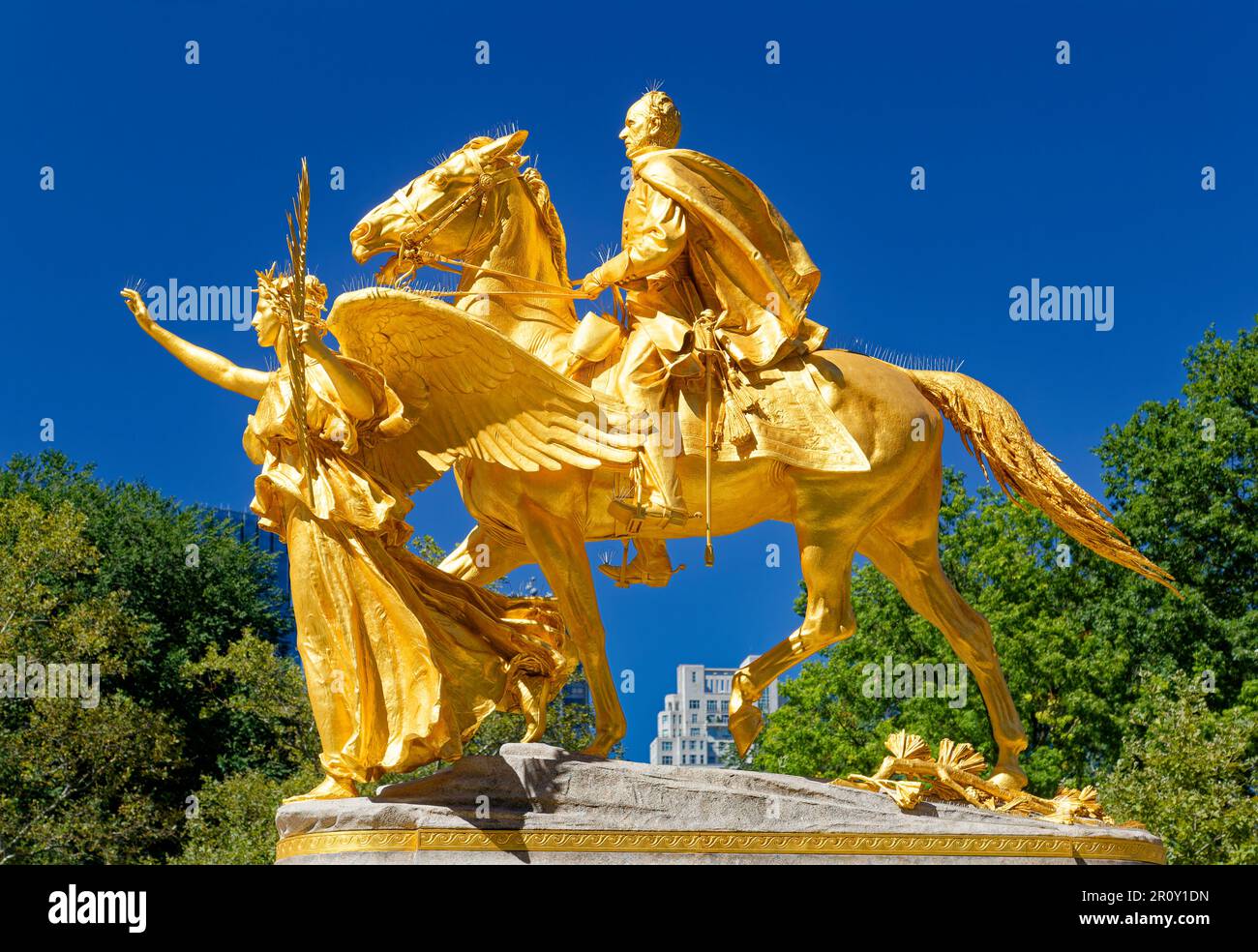 William Tecumseh Sherman Monument, in its re-gilded glory, but crowned in pigeon spikes. Stock Photo