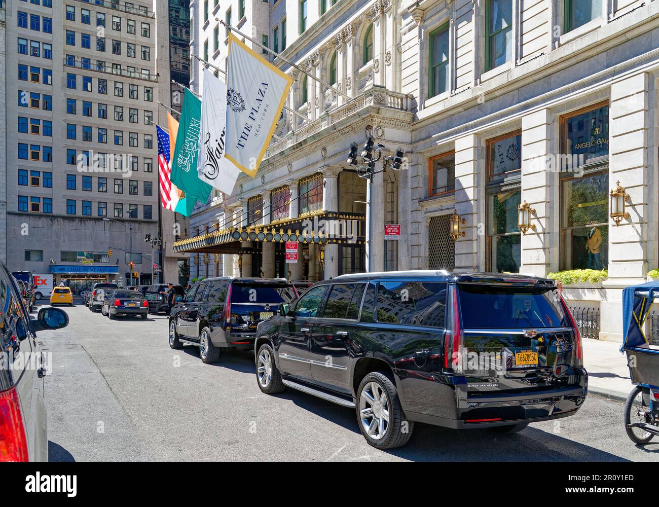 Queue Flag Limousines queue at the Plaza’s main entrance on Grand Army Plaza, with ...